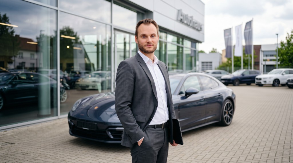Christoph Bickschlag vor einem Autohaus